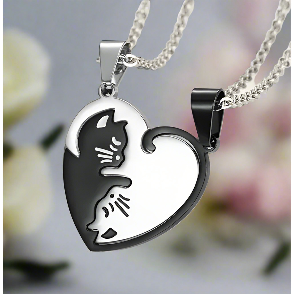 Cat Yin Yang Necklace Set - Stainless Steel Matching 20" Couples Pendant Pair